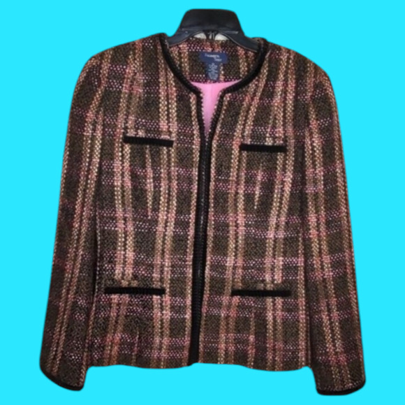 Fundamental Things Brown Pink Plaid Sz 12 Tweed like Jacket Work Church Blazer - Picture 3 of 10
